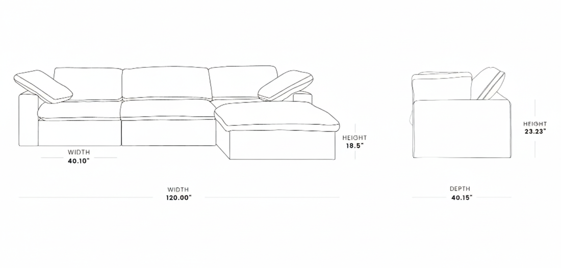 Technical drawing of a sectional sofa with dimensions labeled