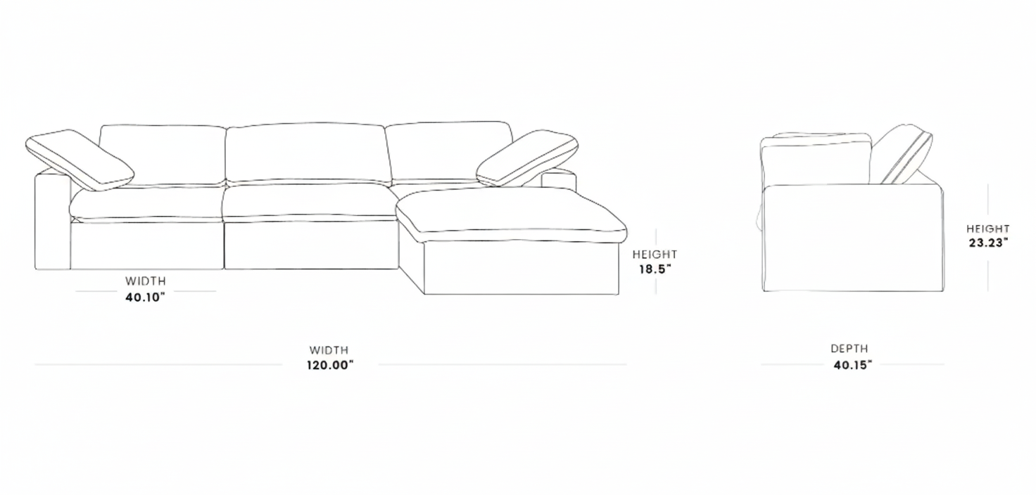 Technical drawing of a sectional sofa with dimensions labeled