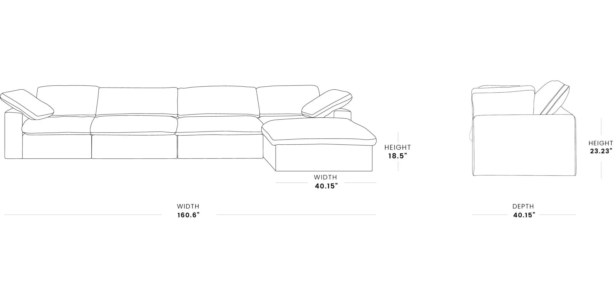 Technical drawing of a sectional sofa with dimensions labeled