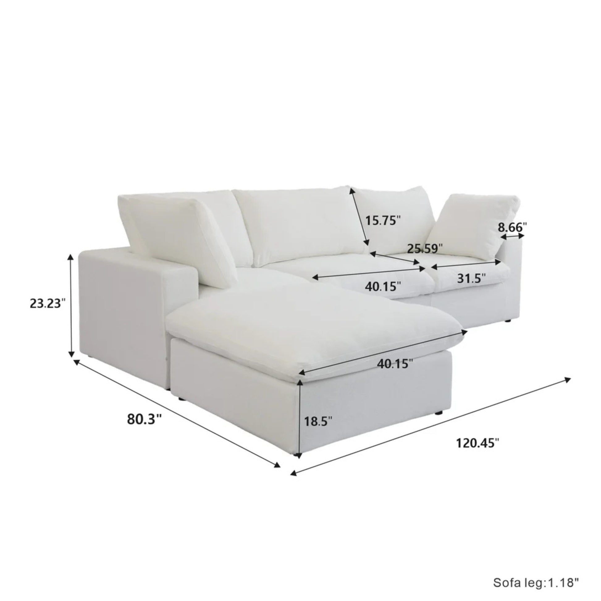White sectional sofa with dimensions labeled on a white background