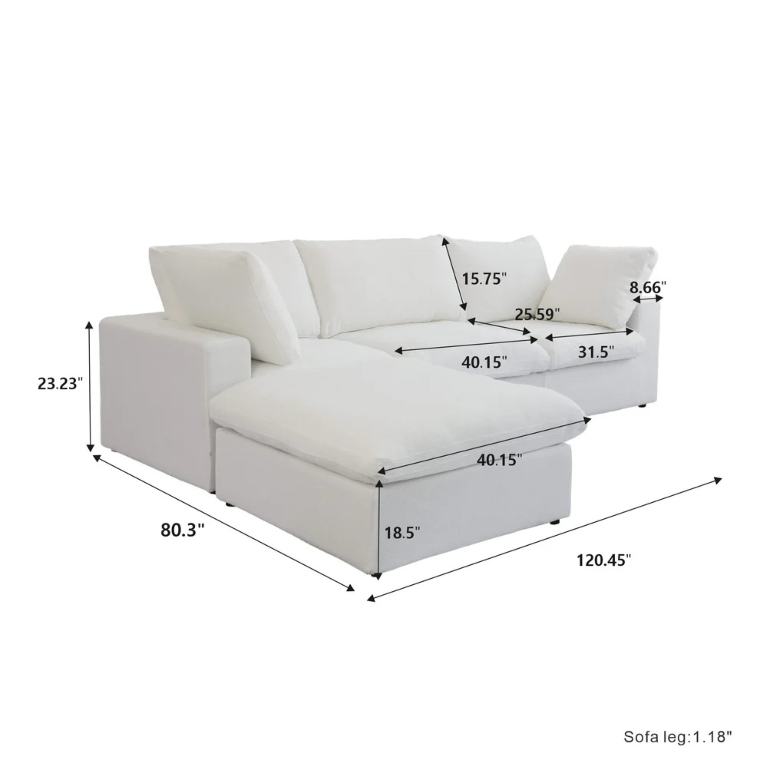 White sectional sofa with dimensions labeled on a white background